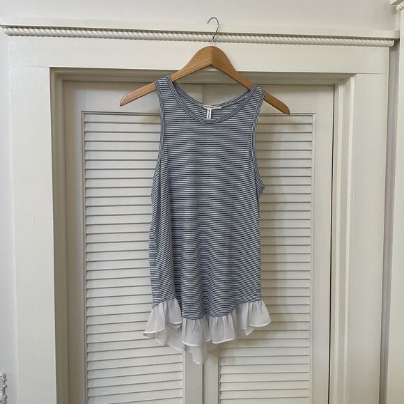 BCBGeneration Tank Top Sleeveless Ruffled Sheer Hem Blue White Stripe, Size XS - Picture 2 of 9
